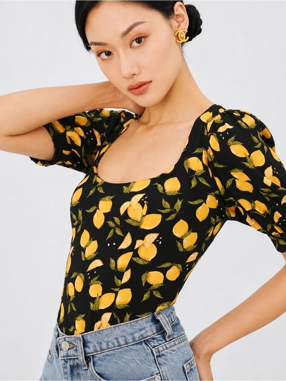 Reformation Lemon Print Smocked Back Top – Size 2